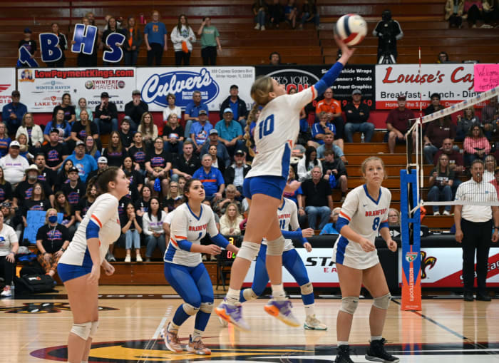 Brandford sophomore outside hitter Kayley Johnson pushes the ball back over the net against Baker during the Class 1A state championship match at the FHSAA girls volleyball championships Tuesday at Polk State College in Winter Haven.